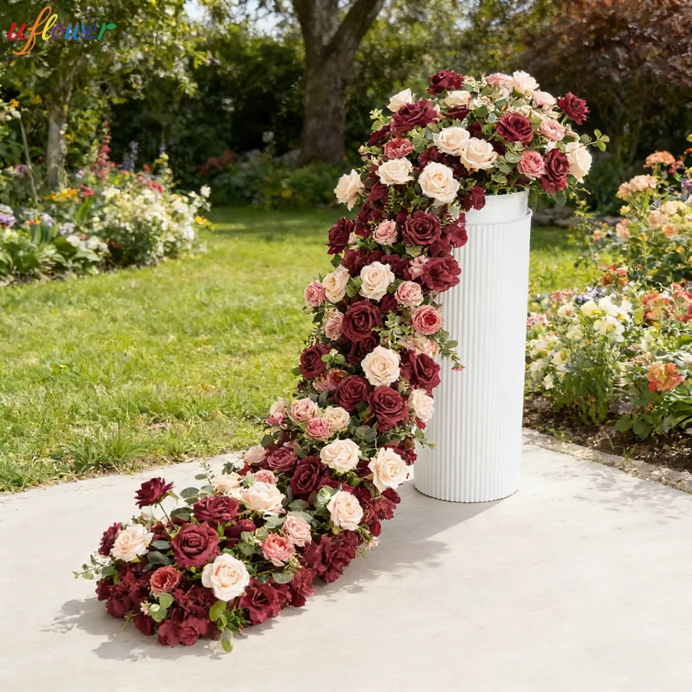 

Uflower Artificial Flower Row Red Pink Rose Green Leaf Wedding Backdrop Decor Floor Flower Arrangement Table Event Party Props