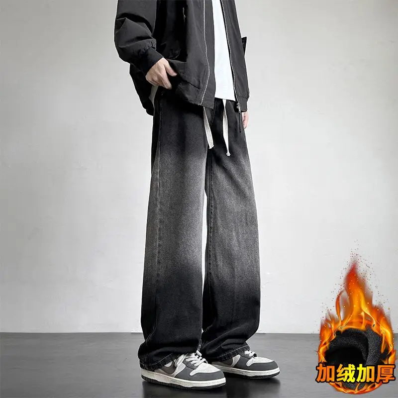 Herbst Und Winter Plus Samt Dicke männer Gerade Bein Jeans Trend Lose Amerikanischen Retro High Street Casual Breite Bein Hosen