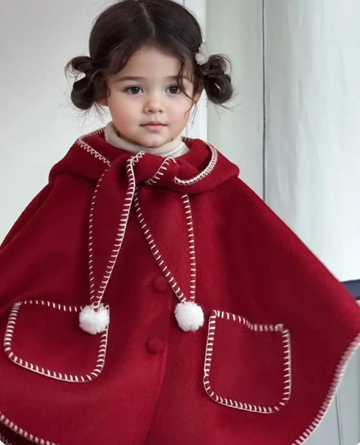 Autumn Winter Hooded Children's Coat Christmas New Year's Style Girls' Fashionable Cloak Baby Shoulder Wrap Outdoor Windbreaker