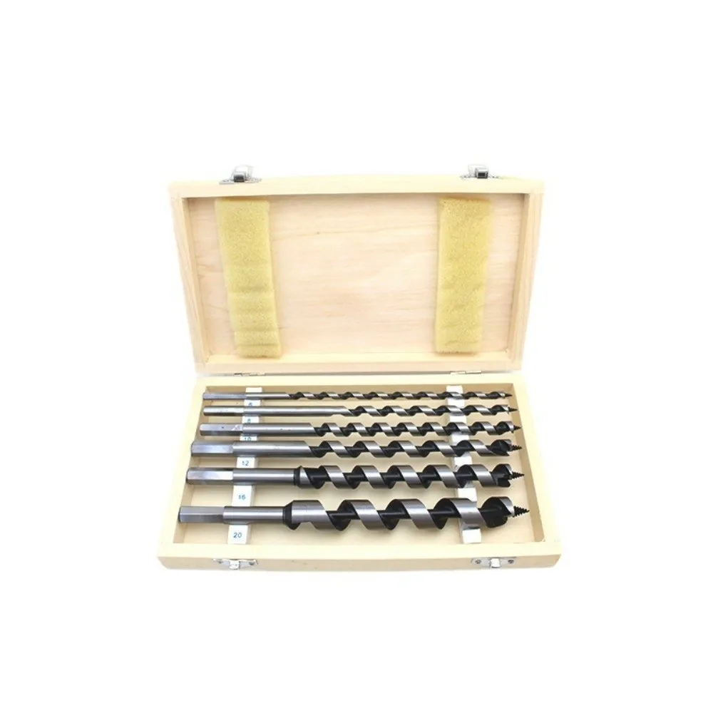 6pcs Hex Shank Auger Drill Bit Set Twist Design 1/4 To 1 Inch Wood Hole Reaming Tool 9 Inch Length Wooden Storage Box