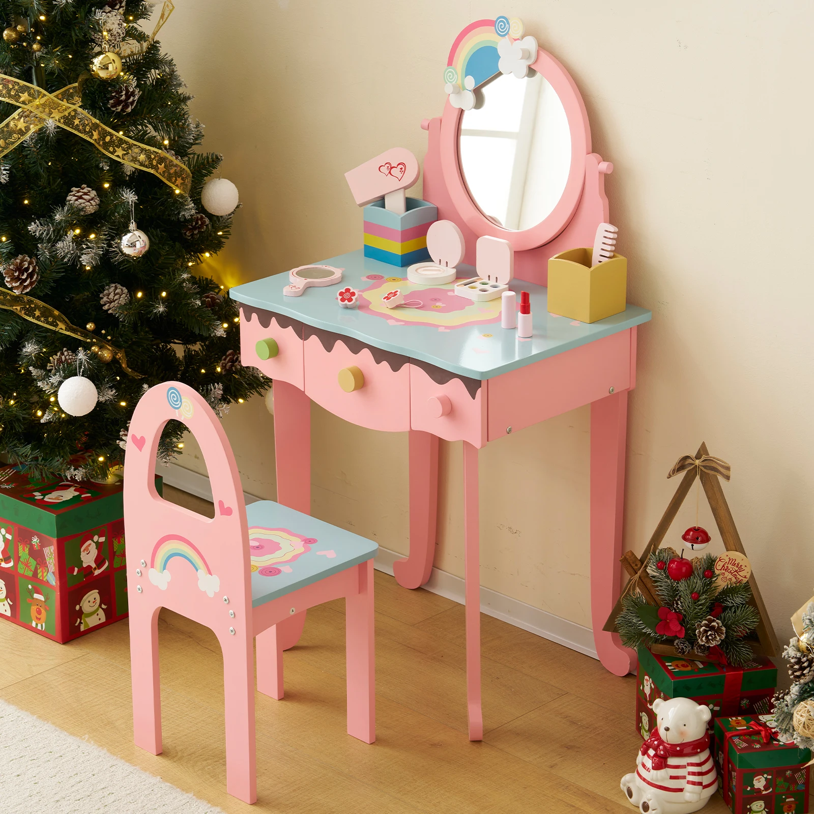 Kids Vanity Table and Chair Set with 7pcs Pretend Play Makeup Toys, Girls Vanity with Mirror 3 Drawers