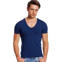 Solid V-hals T-shirt Voor Mannen Low Cut Stretch Vee Top Tees Slim Fit Korte Mouw Mode Mannelijke T-shirt onzichtbare Hemd Zomer