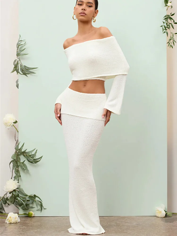 

SKMY Autumn Fashion Suit Women Clothing Off The Shoulder Long Sleeve Crop Tops And Skirts Two Piece Sets Outfits Solid Color