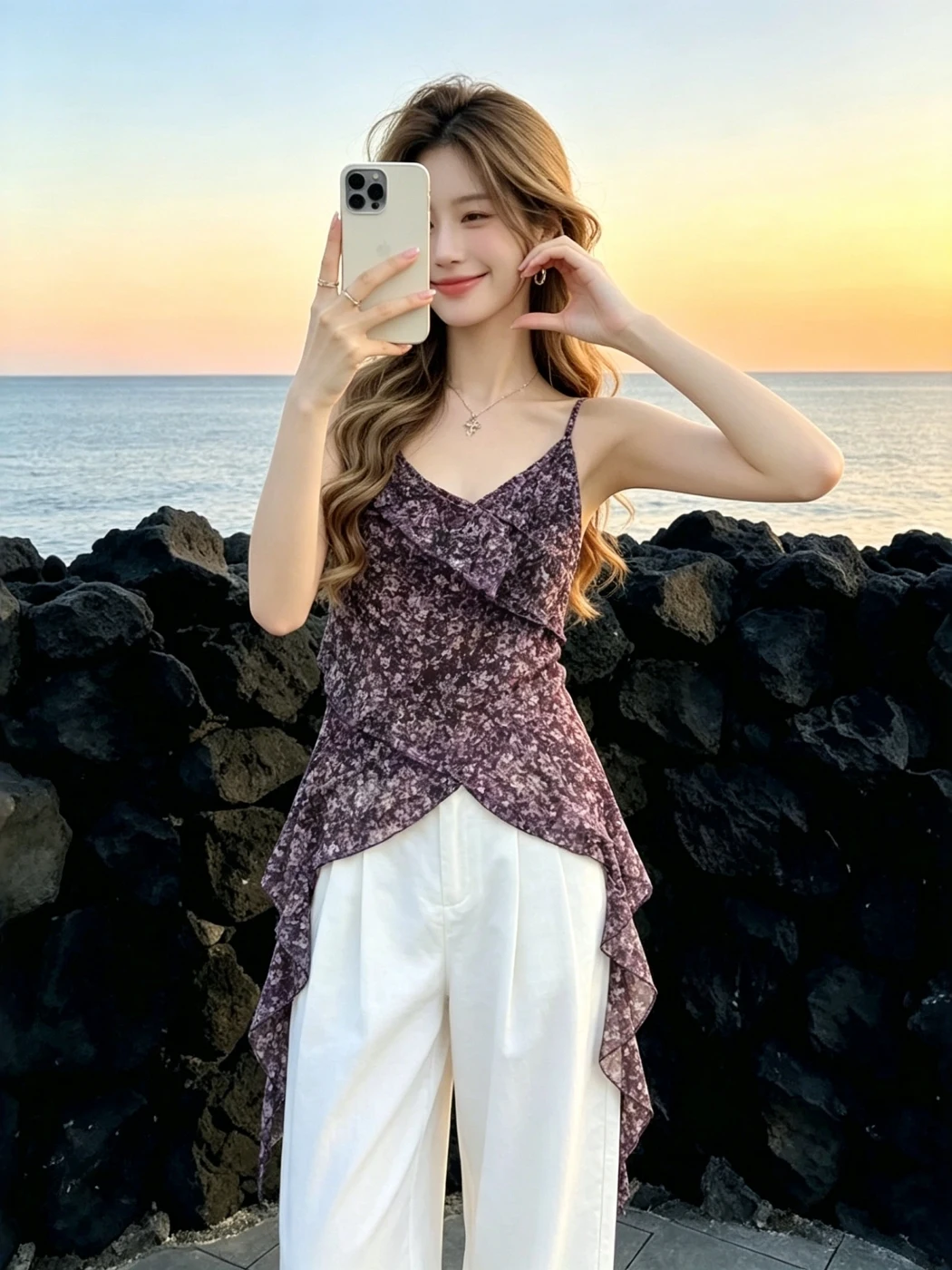

Summer Floral Print off Shoulder Chiffon Top Women's Sleeveless Vest Belted Waist Cinched Tie Back Thin Style Commute Fashion