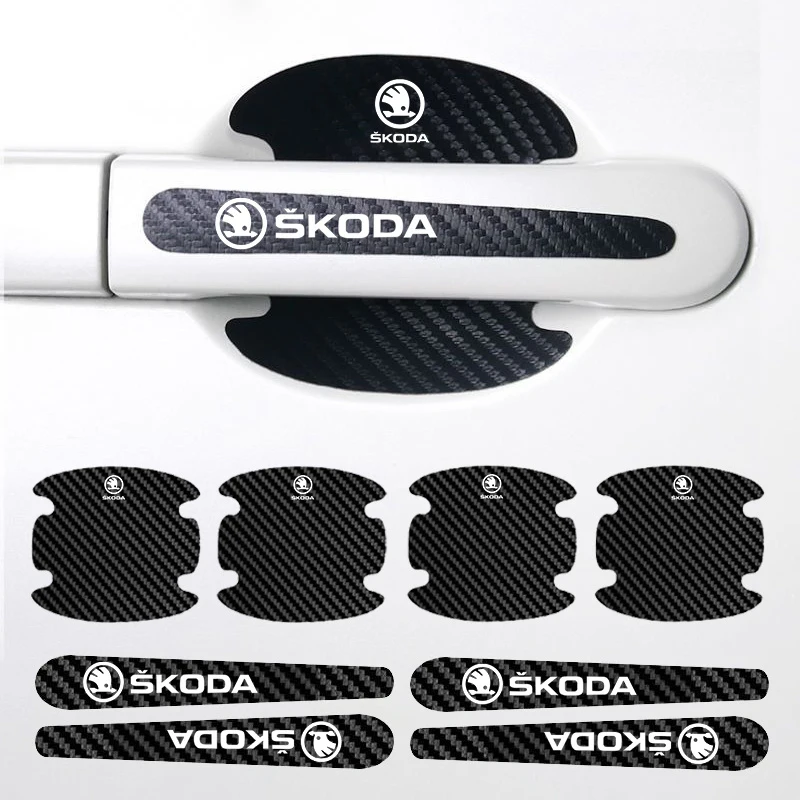 8PCS For Skoda Octavia Fabia Superb Karoq Car Styling Door Handle Sticker Carbon Fiber Scratches Resistant Cover Door Bowl Film