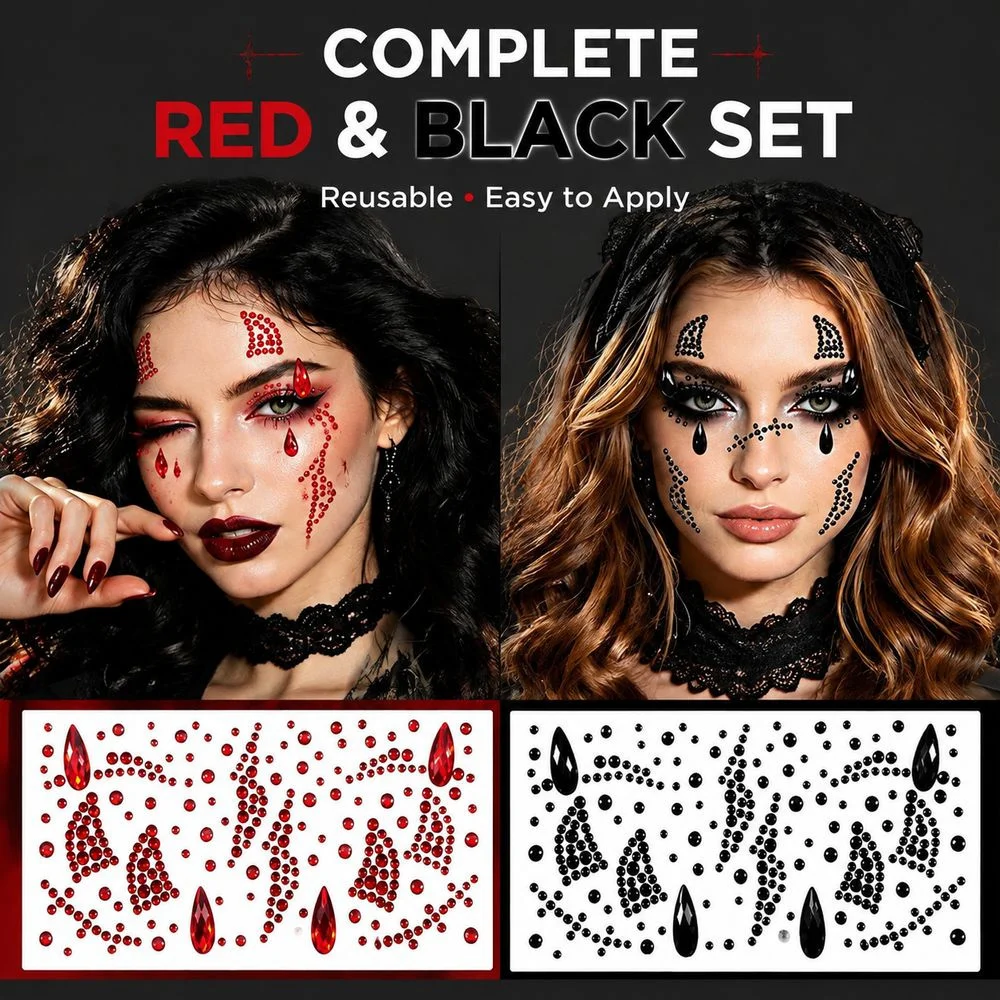 1Pc Masquerade Face Rhinestone Gems Halloween Red & Black Mixed‑Size Blood Teardrop Self‑Adhesive Stickers For Girls Night Party