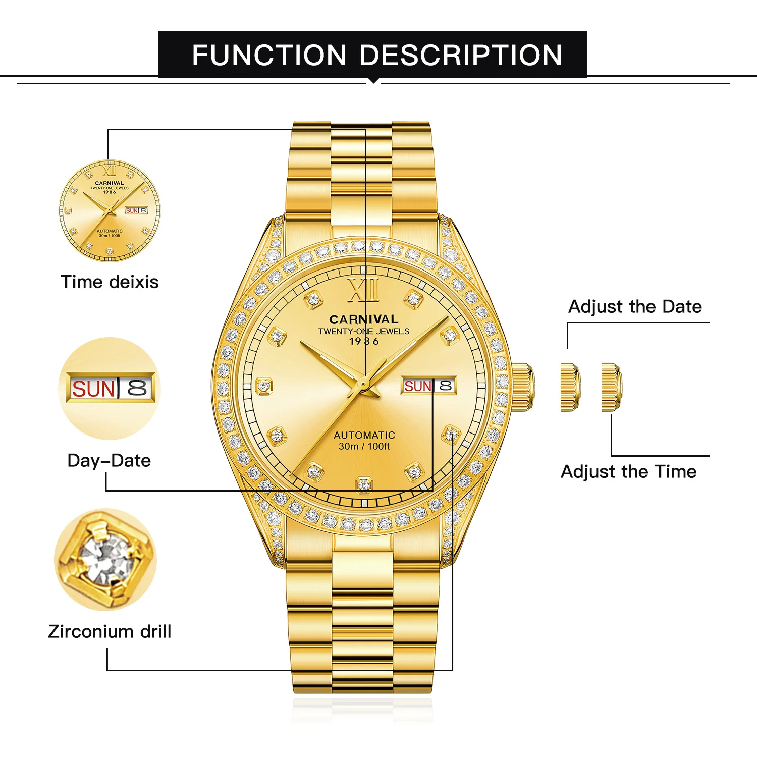 Mens Full Gold Watch,Automatic Mechanical Gilded Steel Self-Wind Sapphire Glass Waterproof Watch,Diamond Business Stainless Stee