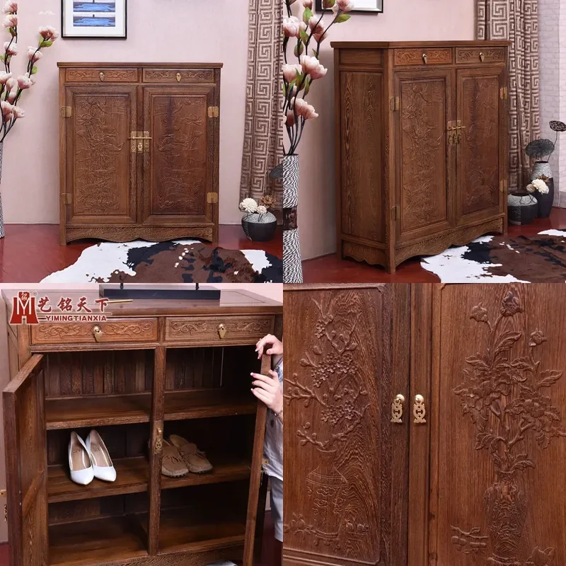 For Chinese Antique Style Solid Wood Shoe Cabinet Mahogany Chicken Wing Wood Entryway Storage Locker Classical Furniture