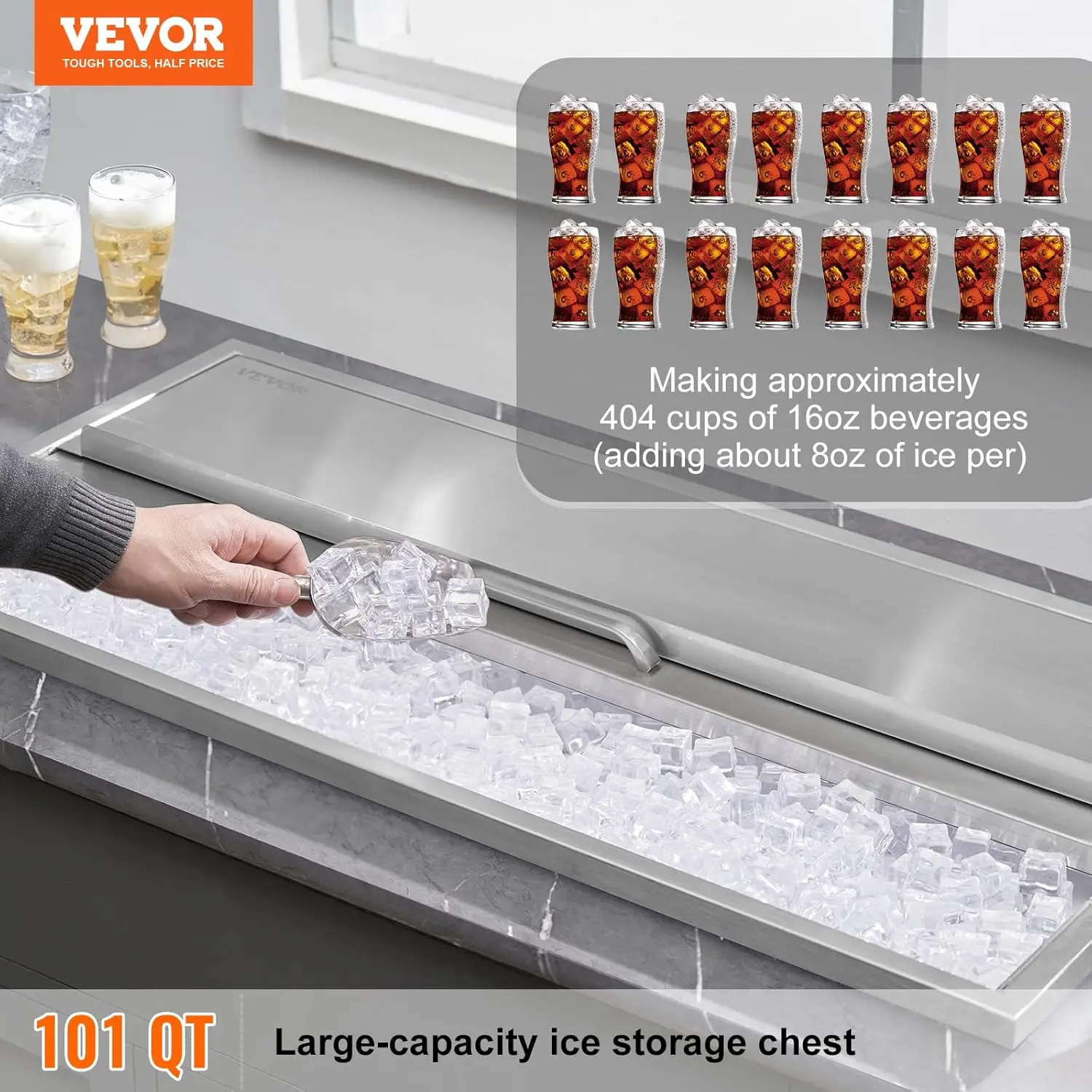 

VEVOR Drop in Ice Chest, 36"L x 18"W x 14"H Stainless Steel Ice Cooler, Commercial Ice Bin with Sliding Cover