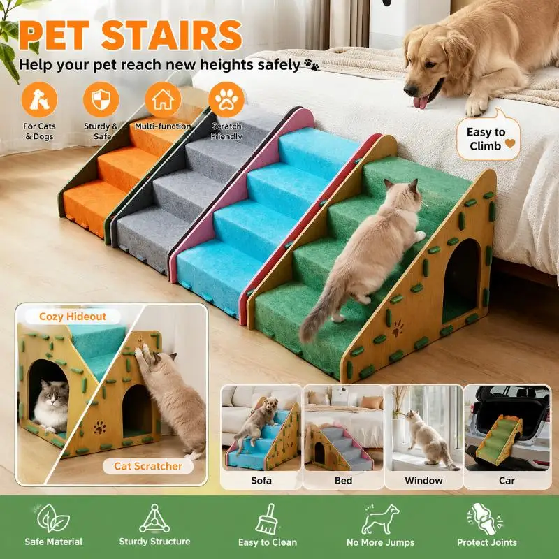 Sturdy Pet Stairs Steps For Dogs Cats Anti Slip Couch Bed Ramp Multifunctional Scratcher Cat Bed All In One