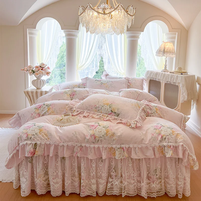 

100% Cotton Korean Princess Style Flowers Prints Lace Ruffles Bedding Set Duvet Cover Quilted Bed Skirt Bedspread Pillowcases