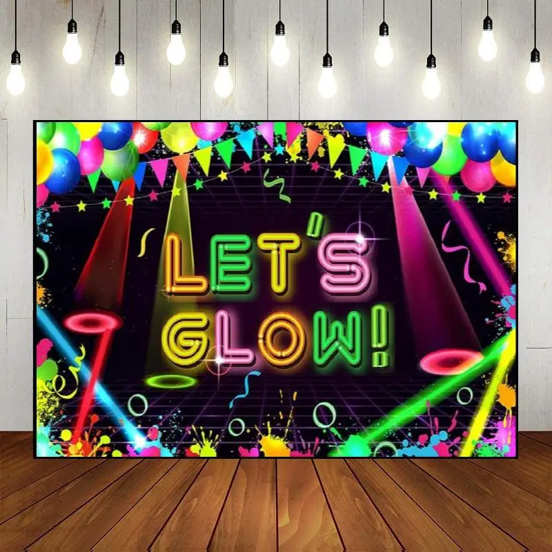 Happy Birthday Colorful Photography Neno Glow Theme Photo Graffiti Disco Banner Decoration Splat Party Backdrop Light Wall Let's