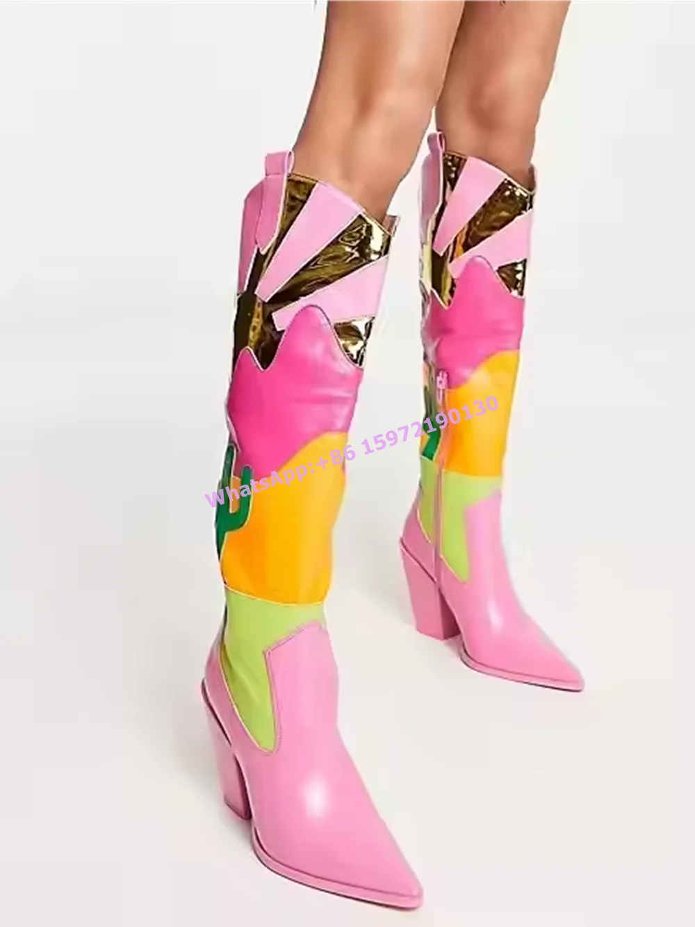 

Pink Patchwork Cactus Long Boots Pointy Toe Square Heels Side Zipper Mixed Color Shoes Winter Cowgirl Fashion Runway Shoes