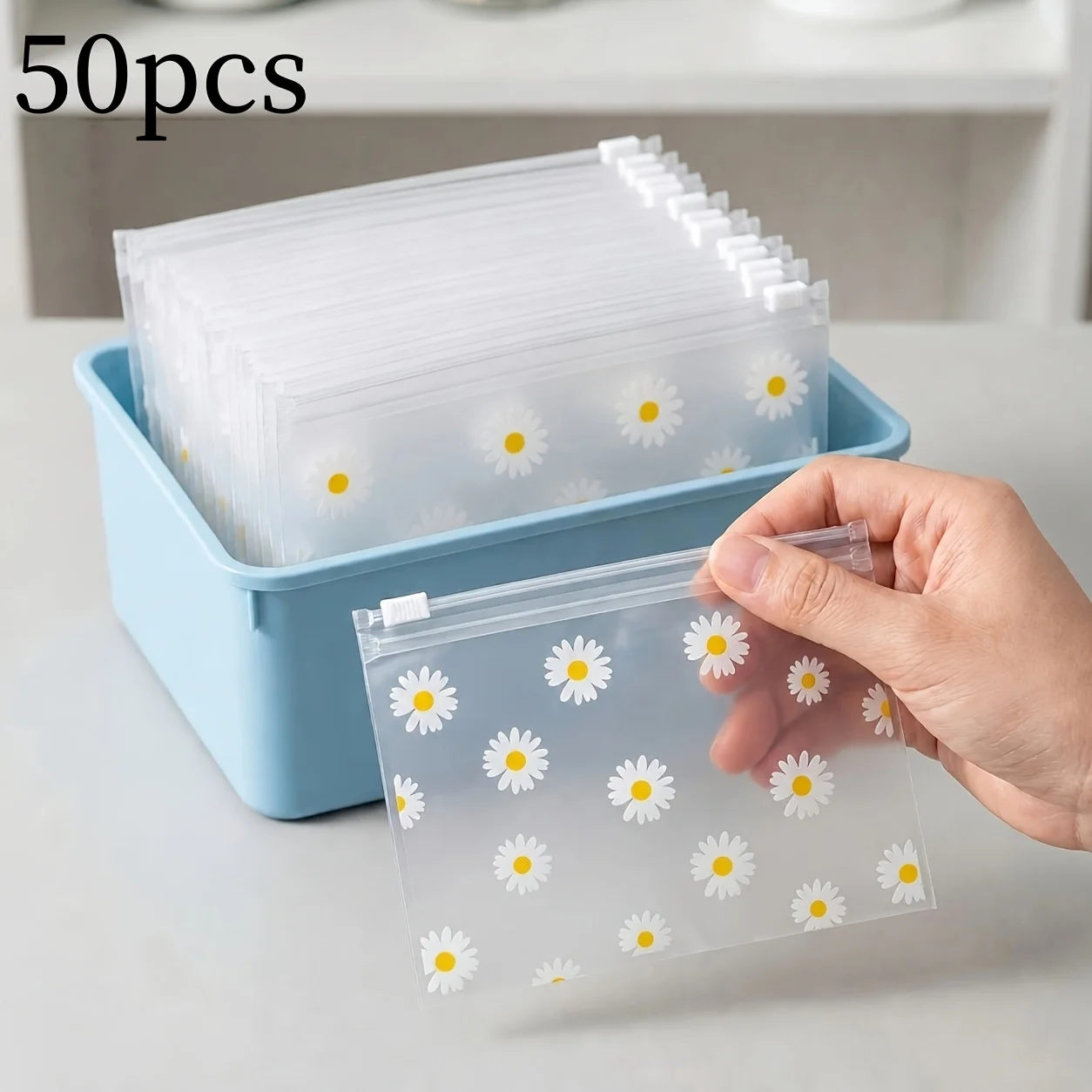 50 unidades de bolsas con cremallera de color blanco mate con diseño de margaritas, bolsas transparentes reutilizables para cosméticos, joyas y artículos de papelería.
