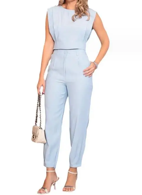 New Fashion 2023 Summer Casual Elegant Sexy Womens Two Piece Sets Outfit Solid Sleeveless Top and Pants Set