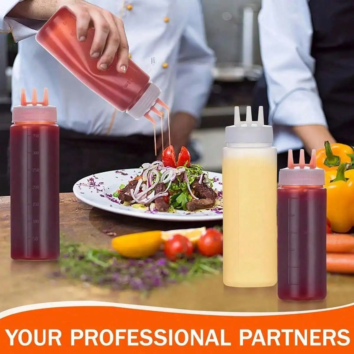 2pcs Multi-Purpose Kitchen Squeeze Bottles With 3-Hole Graduated Design - PE Material, Ideal For Sauces, Condiments & Baking - Includes White, Red And Amber Nozzles, Condiment Dispenser | Modern Kitchenware | Translucent Material,