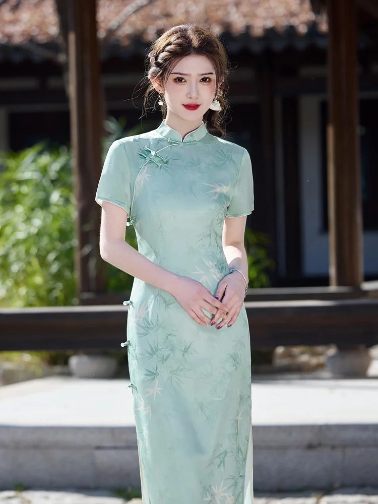 

Винтажное платье из бамбуковой ткани для девочек, приталенное, с высоким разрезом, для повседневной носки, с коротким рукавом, с цветочным узором