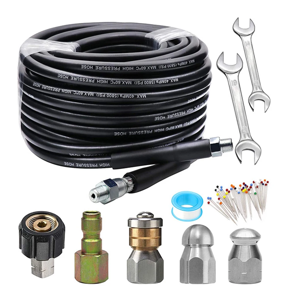 

15m/30m M22 Sewer Jetter Kit for Pressure Washer 5800PSI Drain Cleaner Hose 1/4 Inch NPT Corner Rotating Sewer Jetting Nozzle