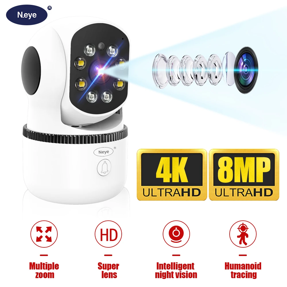 Neye 8MP 4K WiFi كاميرا المنزل الذكي 10X التكبير الرقمي داخلي مراقبة الطفل AI تتبع تلقائي CCTV كاميرا الصوت ثنائية الاتجاه
