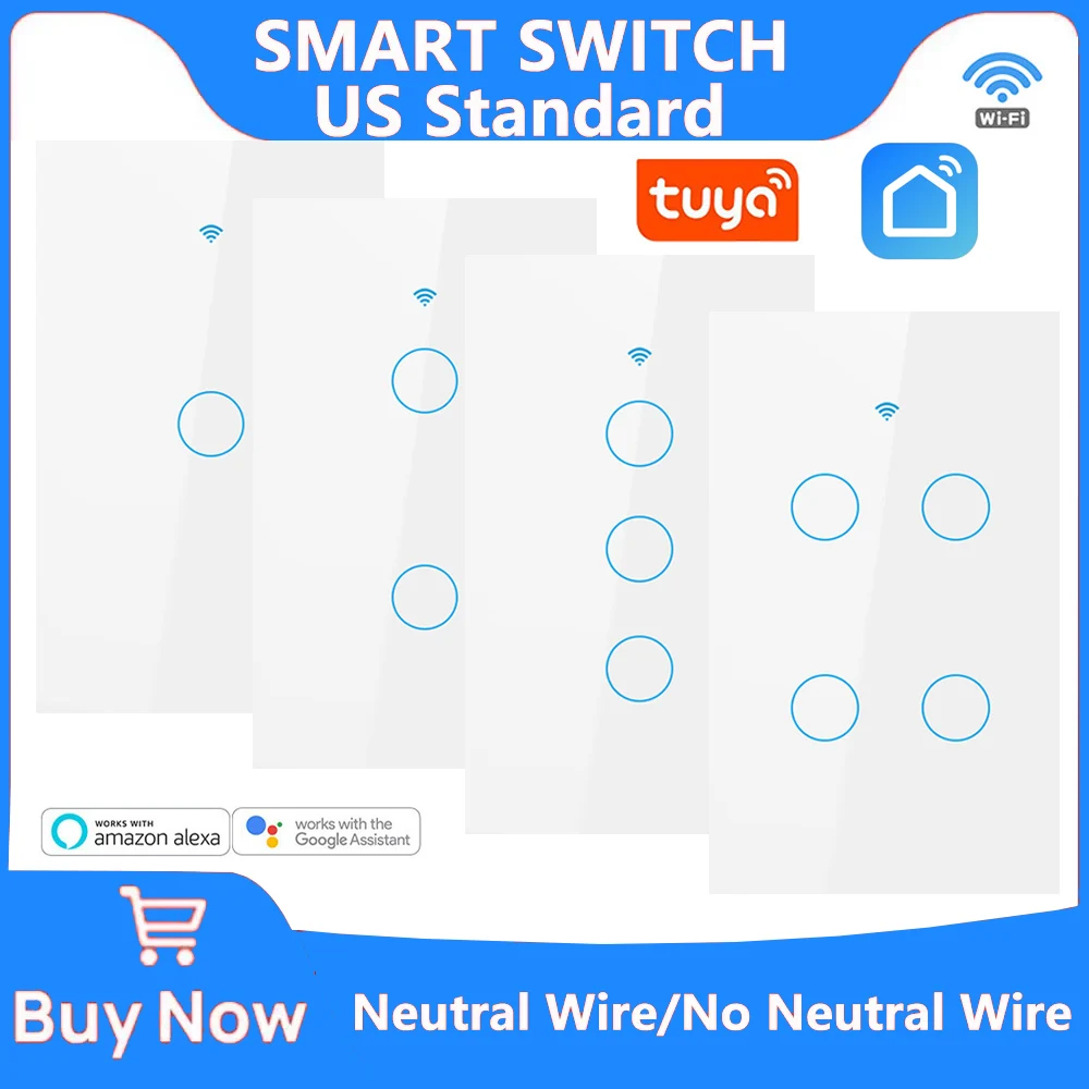 Tuya US WiFi Smart Wall Switch No Neutral Wire Touch Sensor LED Light Switches RF433 Voice Control with Alexa Google Home Alice