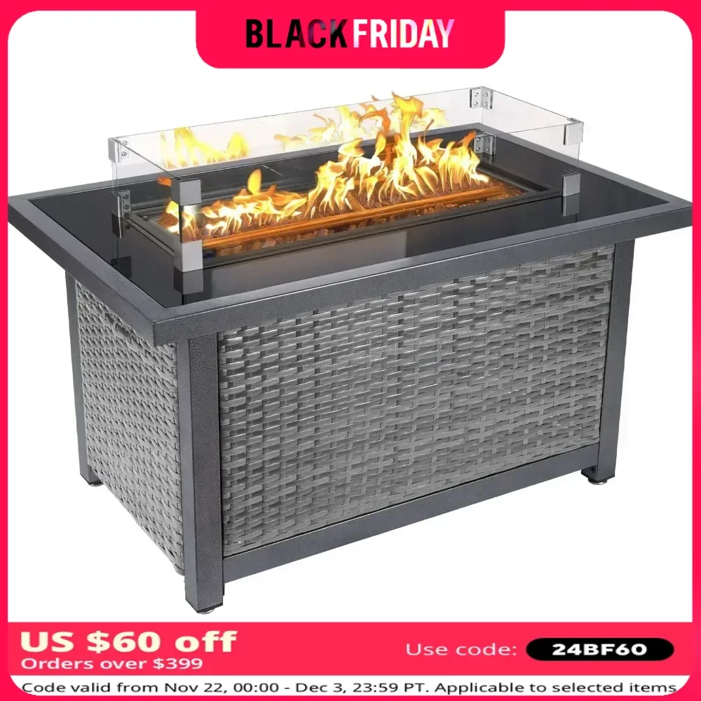 Gas Fire Pit Table 44-inch with Wind Guard Tempered Glass Tabletop and Glass Beads Outdoor Heating Fire Pit