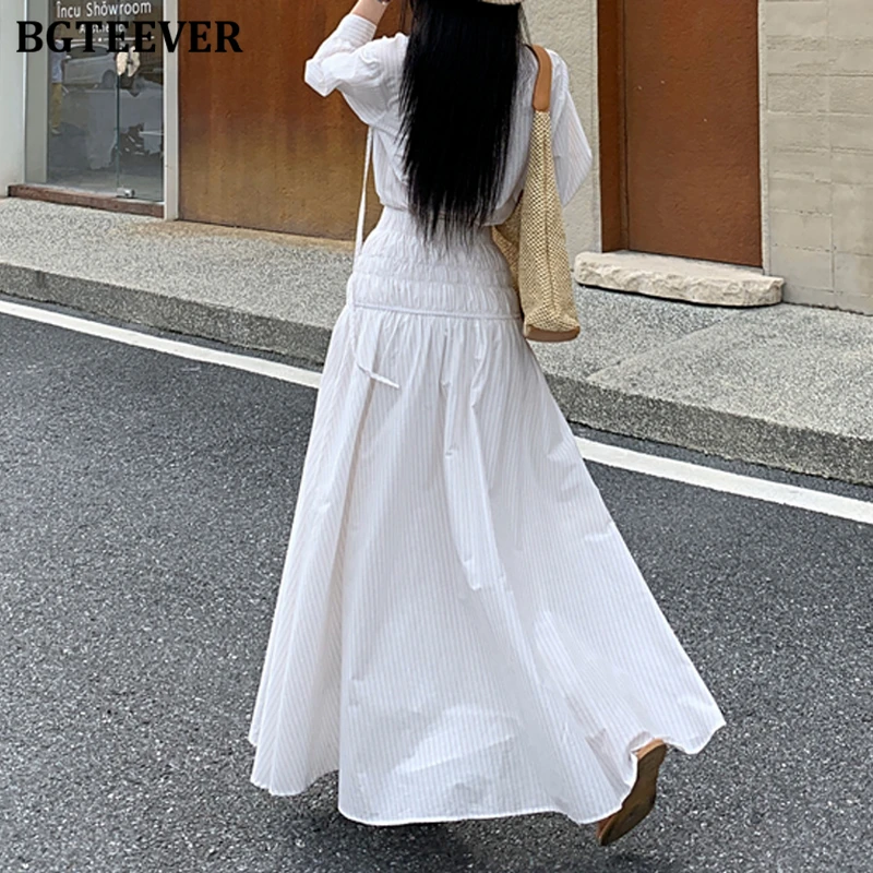 BGTEEVER スタイリッシュな女性ストライプ衣装長袖シングルブレストブラウスシャツ & A ラインスカート夏のレディース 2 点セット