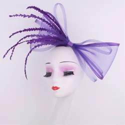 Purple Elegant Bow Fascinator Party Hats Wedding Headwear Bride Hair Accessories Feather Pillbox Cap Derby Headdress Veils Cap