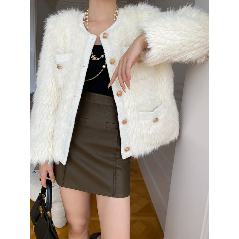 Luxury Fashion Fake Fur Women Coat Small Fragrant Tweed Stitching Fur Round Neck White Pink Black Female Coat Autumn Winter 1677