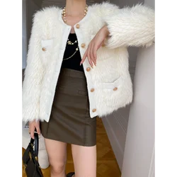 Luxury Fashion Fake Fur Women Coat Small Fragrant Tweed Stitching Fur Round Neck White Pink Black Female Coat Autumn Winter 1677