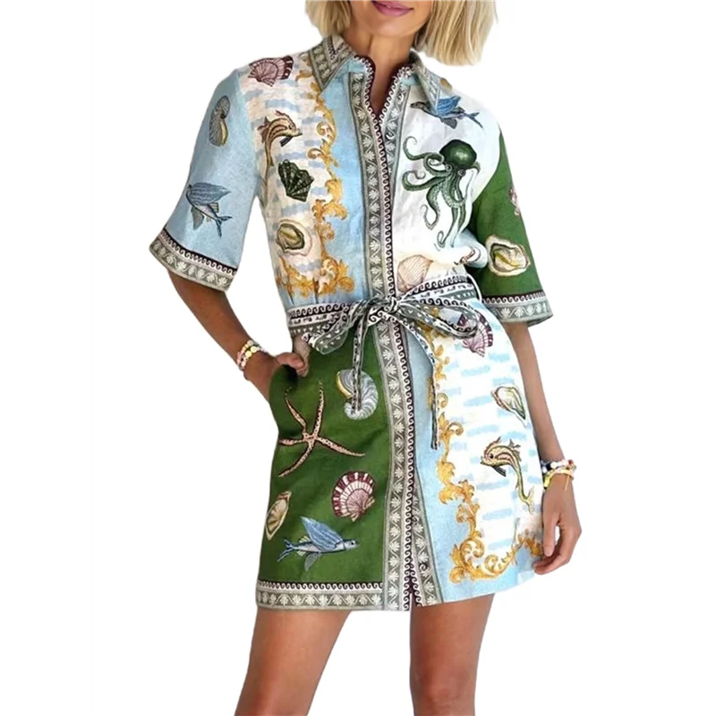 

ABRT-Women's Short Sleeve Belted Linen Mini Dress Cardigan Tie Summer Casual Flowy A-Line Skirt
