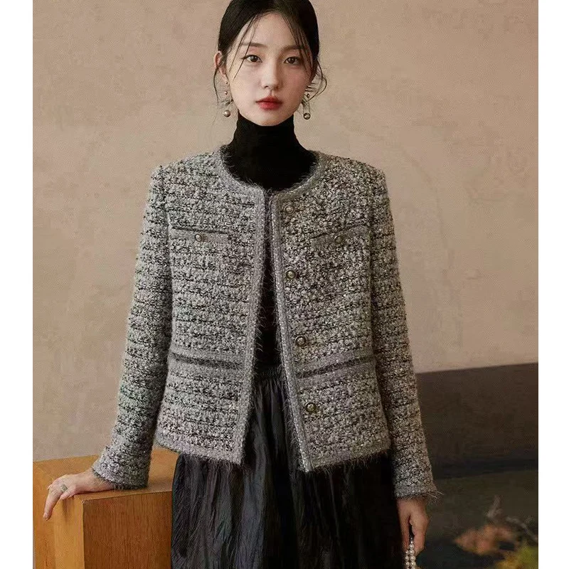 Spring and Autumn New Round Neck High Quality Fashion Wool Tweed Fabric Short Coat Elegant Women S-XL