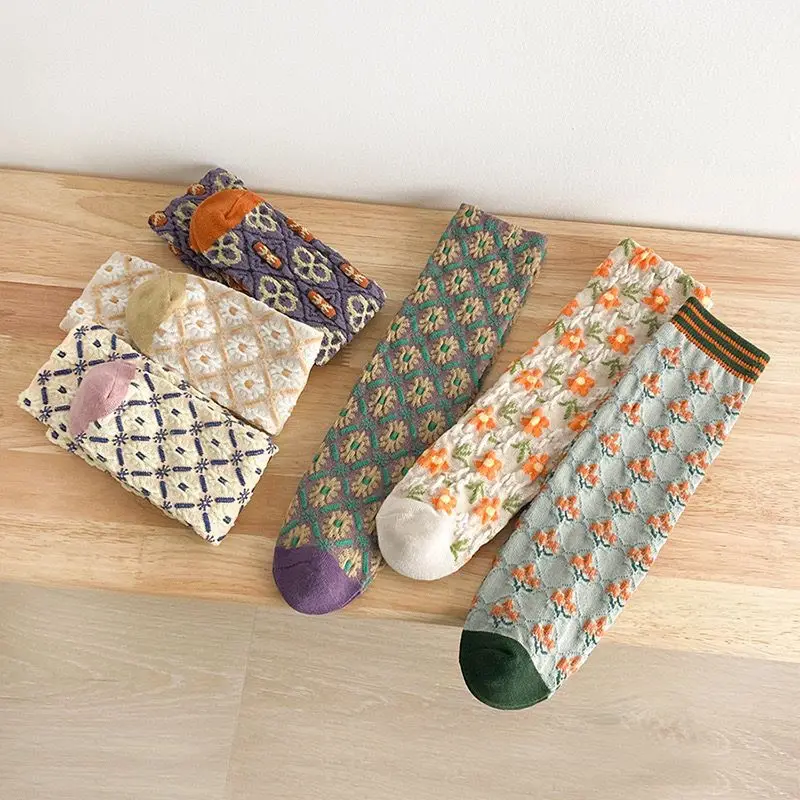3PCS Children Spring and Autumn Socks Cotton Flower Girls Pile Socks Retro Trendy Children Versatile Floral Socks