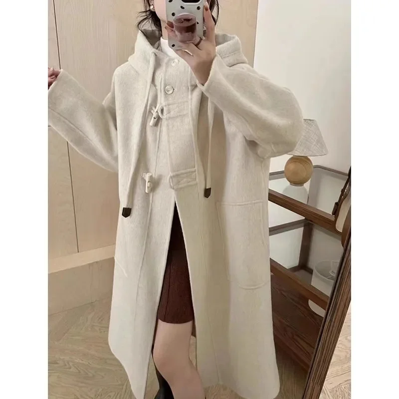 

2025 Woolen Coat Autumn Winter Women Solid Color Jackets Woolen Blends Coats Female Korean Elegant Retro Apricot Outerwear