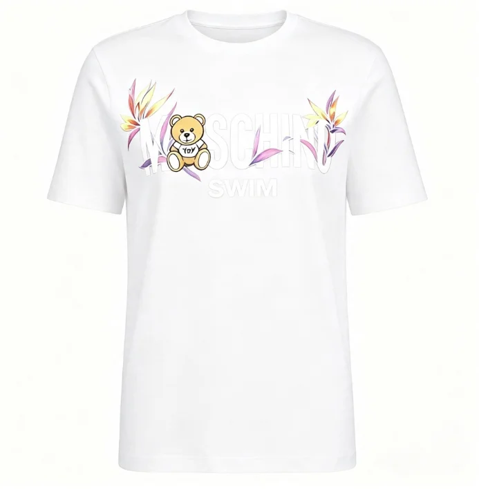 2026 new Black short sleeve tee, bear and tropical flower letter graphic, playful casual top