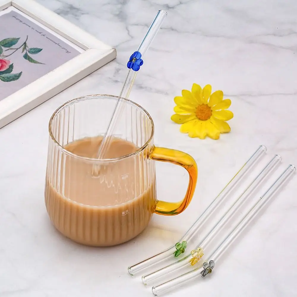 Glass Flower Glass Straws Transparent Heat-resistant Straight Bend Straws Drinkware Reusable Juice Drink Blender Stick