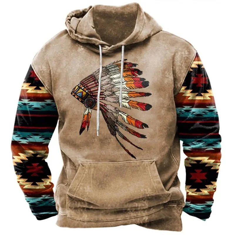 Vintage Indian Print Men\'s Hoodie 2024 Casual Men Clothing Long-sleeve Hooded Sweatshirts Oversized Unisex Pullovers Hoodies