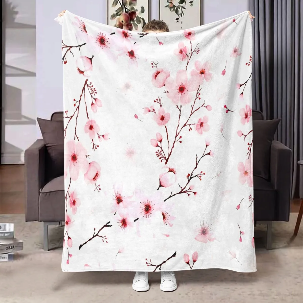 

1pc Cherry blossom pattern blanket, polyester fabric, machine washable, suitable for sofas, offices, and travel.
