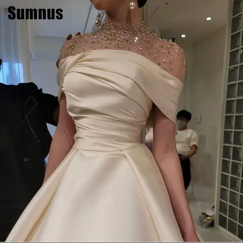 Sumnus Beadings 샴페인 새틴 이벤트 드레스 Shouder 정장 이브닝 파티 드레스 럭셔리 댄스 파티 드레스 맞춤형