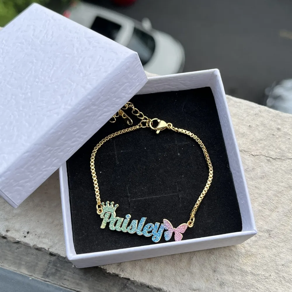 DUOYING Bling Custom Name Necklace Colorful Butterfly Earring Studs Stainless Steel Nameplate Chain Bracelet For Kids Jewelry