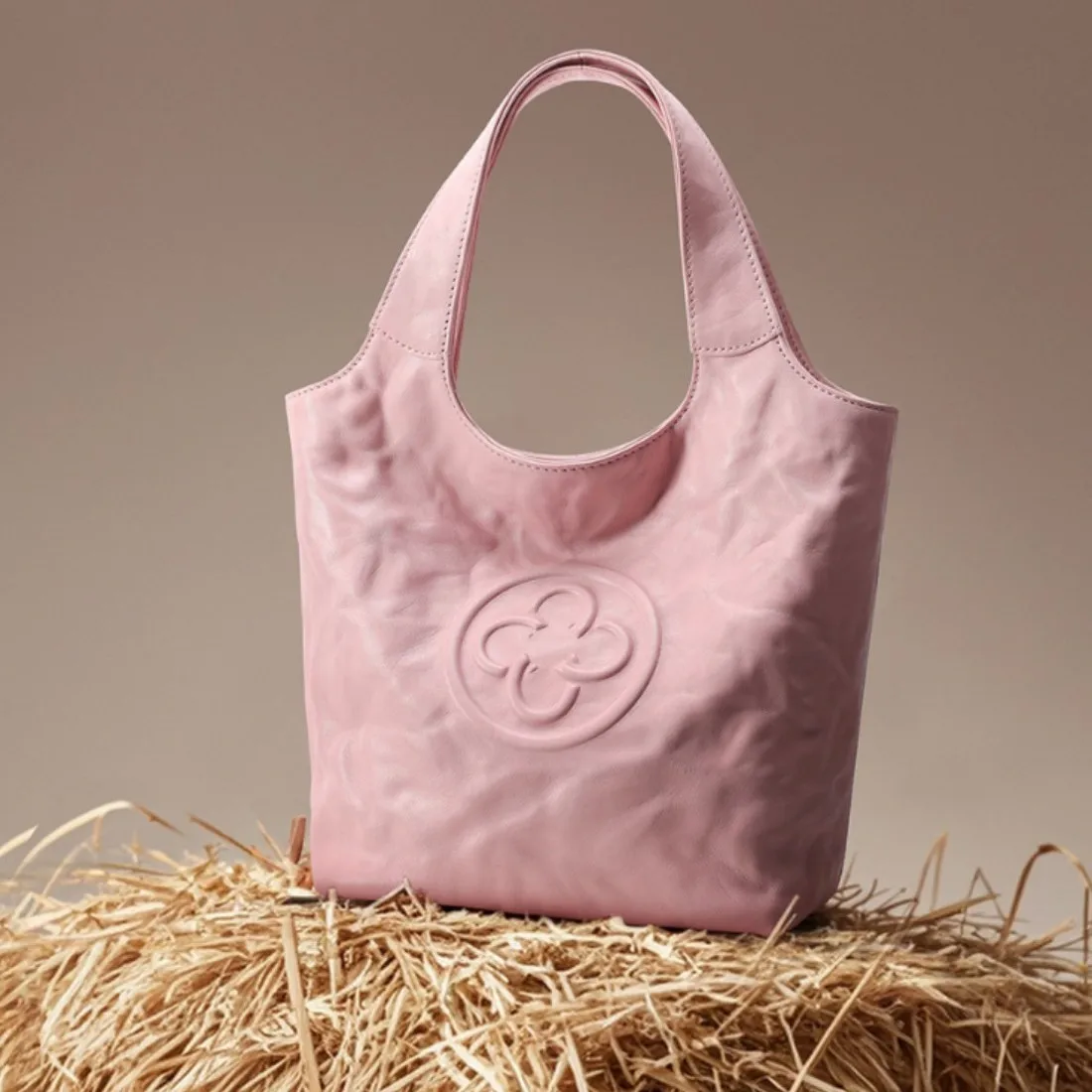 

Cassile Summer New Small Tote Bag Vegetable-Tanned Cowhide Pink Pleated Basket Single Shoulder Handbag Crossbody Bag