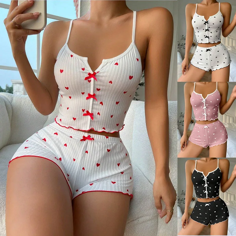 

Sexy Women's Pajama Set — Heart Print Ribbed Fabric, V-Neck with Playful Frill Trim, Casual Cami Top and Shorts Loungewear