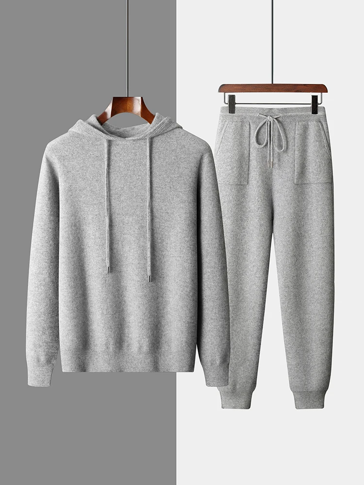 Men's 100% Cashmere Hooded Pullover Cashmere Pants Suit Smart Casual Cashmere Knitwear Autumn Winter Soft Warm High Quality Tops