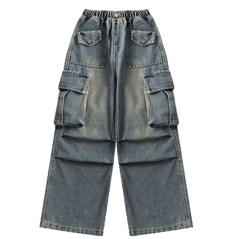 Girls Heavy-duty multi-pocket Jeans With Design Pleated Flared Trousers Casual Personality Teenagers Wide-leg Pants 5-14 Years