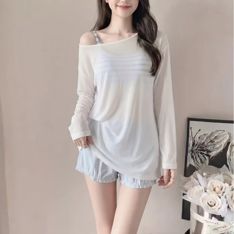 Women's Striped Camisole Off Shoulder Long Sleeve Mesh Cover Up Light Blue Drawstring Shorts Summer Beach Bathing Suit Swimwear