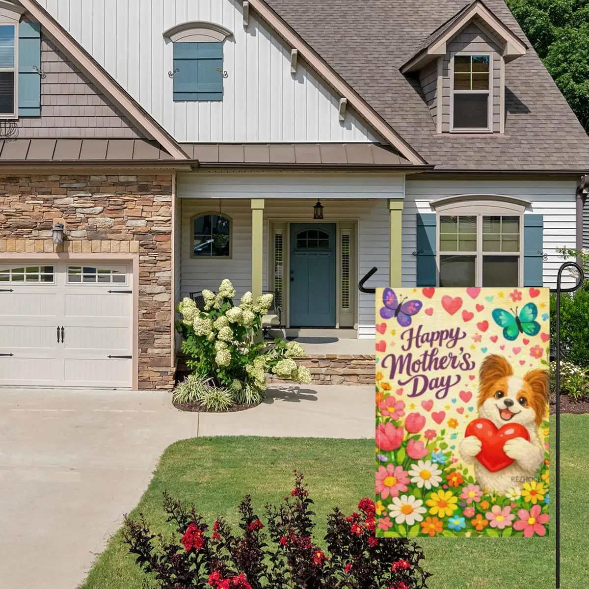 Happy Mother’s Day Garden Flag 28x40Inch,Cute Papillon Holding Heart Floral Yard Flag,Funny Dog Spring Outdoor Patio Lawn Po PPM