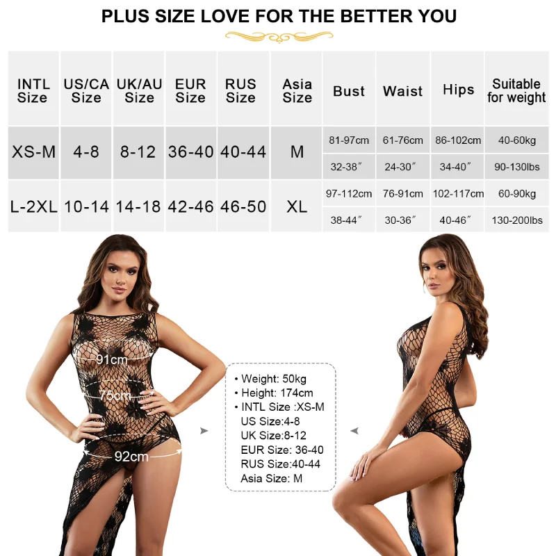 Fishnet Black Split Bodystocking Dress Elastic Babydoll Pajamas Hollow Mesh Lingerie Nightdress Plus Size Floral Underwear Skirt