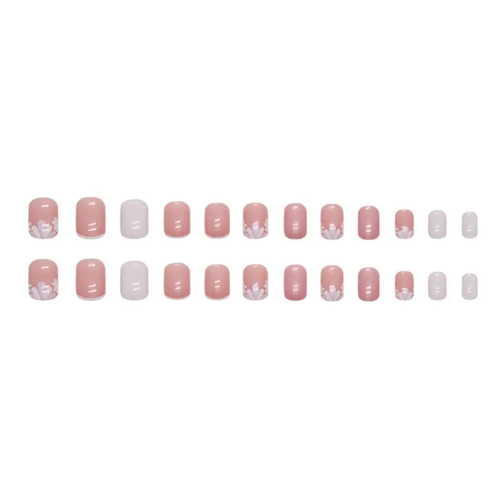 24 stuks korte ronde kunstnagels Franse roze kat Aurora bloemblaadjes volledige dekking afneembare Franse nageltips druk op nagels meisje manicure