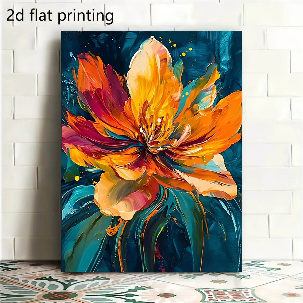 (No frame)2D Flat, 1pc Thick Palette Knife Orange for Lotus Oil Painting Framed Canvas Wall Art - Vibrant Teal Background Flo