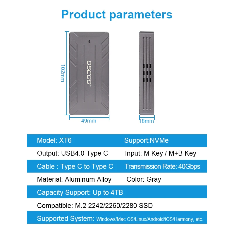 OSCOO SSD portabel XT6 M.2 NVME SSD, kandang USB 4.0 tingkat transmisi tipe-c 40Gbps kompatibel M.2 2242/2260/2280 SSD hingga 4TB