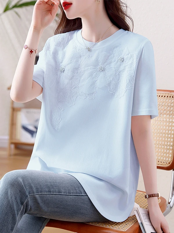 

Ladies' Heavy Embroidery Lace Petal Sve T-irt Loose Fit Korean Sle Summer New Faion Top Casual round Ne ort Sve